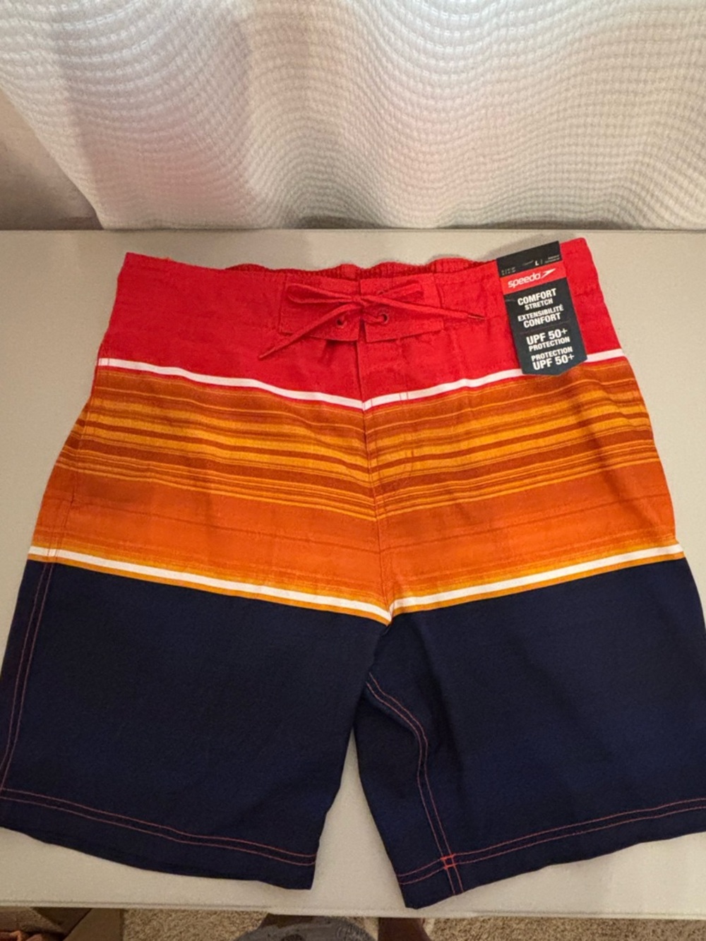 Speedo Men’s Red Orange Navy Stripe Swim Board Shorts